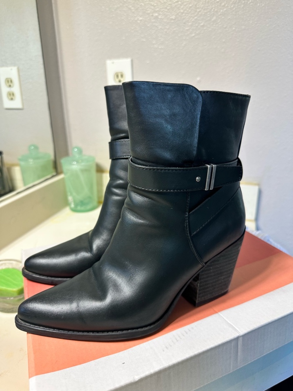 SOUL Naturalizer Black Leather Pointed Toe Ankle Boots with Buckle Strap